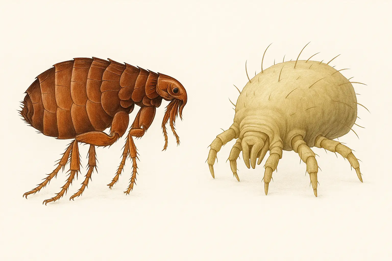 Comparaison entre une puce et un acarien, illustrant leurs différences physiques
