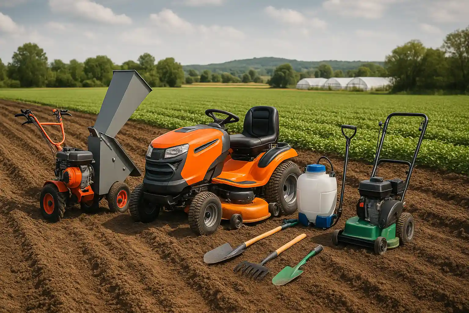 Matériel agricole réaliste aligné dans un champ cultivé avec serres à l’arrière-plan
