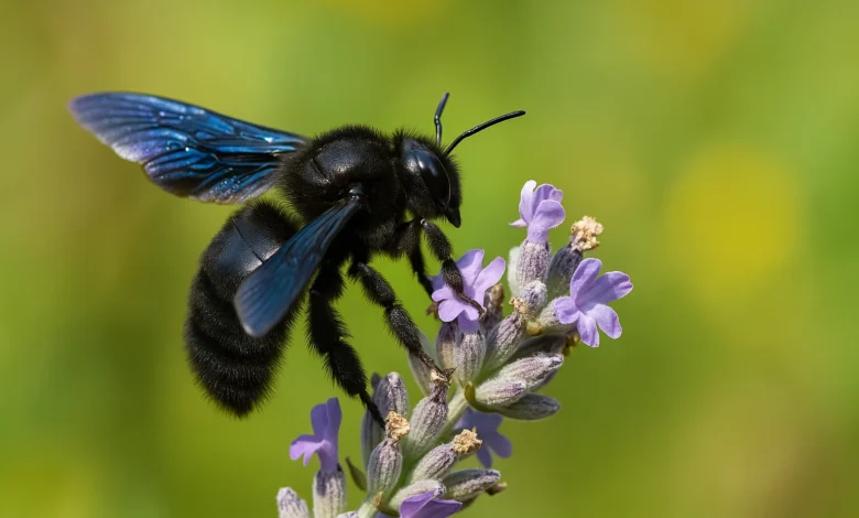 Abeille charpentière noire posée sur une fleur de lavande en plein jour.