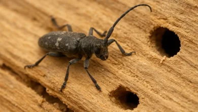 Capricorne des maisons sur une poutre attaquée, gros plan