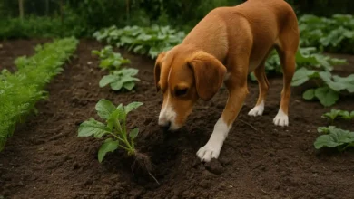 Chien en train de déterrer une jeune plantation dans un potager