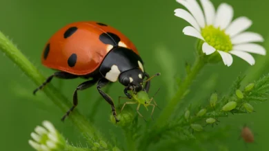 Coccinelle rouge à sept points mangeant un puceron vert sur une plante fleurie.