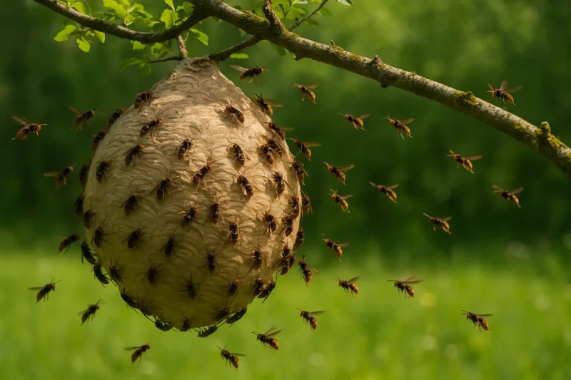 Nid de frelons asiatiques suspendu à une branche, avec de nombreux frelons en vol autour.