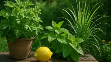 Plantes citronnées anti-moustiques sur une table en bois dans un jardin ensoleillé