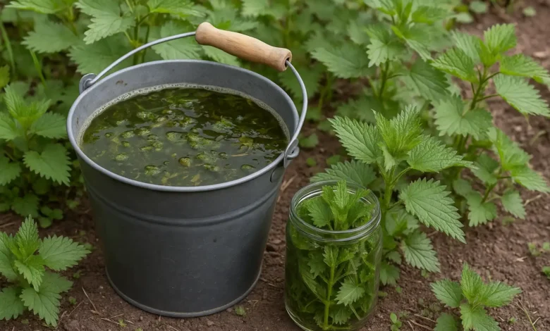 Préparation de purin d’ortie maison dans un seau au jardin, avec feuilles fraîches d’ortie en bocal.