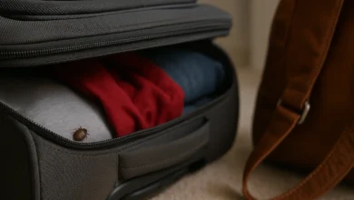 Punaise de lit sur une valise entrouverte contenant des vêtements, symbole d’une infestation liée aux voyages.