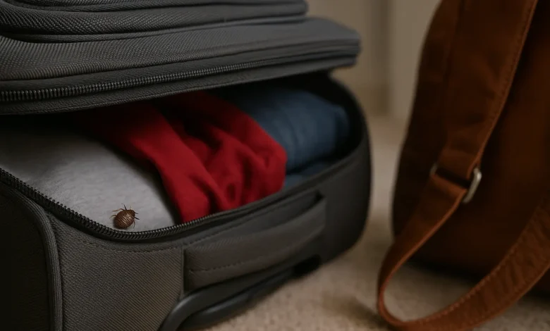 Punaise de lit sur une valise entrouverte contenant des vêtements, symbole d’une infestation liée aux voyages.
