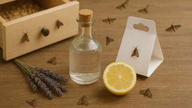 Remèdes naturels contre les mites – lavande, citron, vinaigre et piège à phéromones.