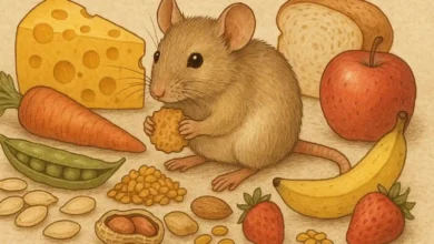 Souris brune entourée de divers aliments comme du fromage, des fruits, des graines et des légumes.