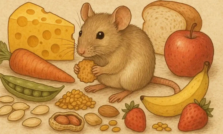 Souris brune entourée de divers aliments comme du fromage, des fruits, des graines et des légumes.